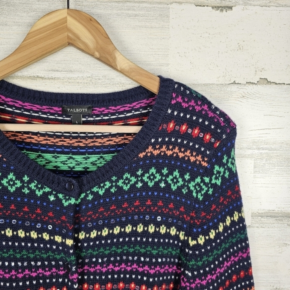Talbots Lambswool Blend Rainbow Sweater Cardigan Size Large Navy Knit Button Up - Picture 7 of 14